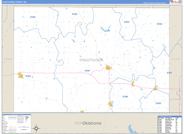 Chautauqua County, KS Zip Code Wall Map