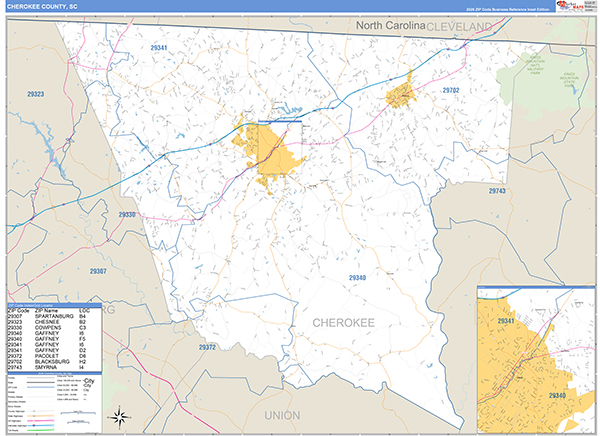 Cherokee County, SC Zip Code Wall Map