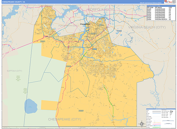 Chesapeake County, VA Zip Code Map