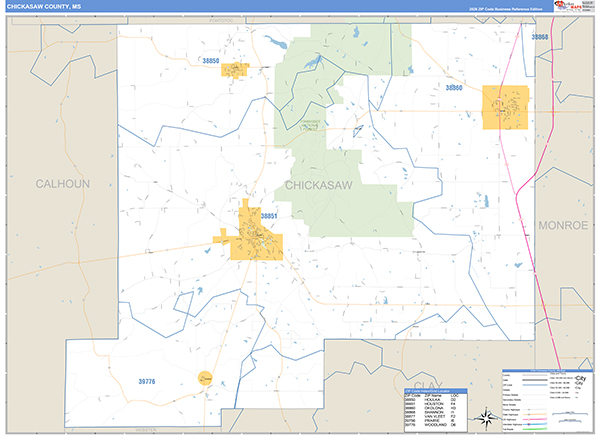 Chickasaw County, MS Zip Code Map