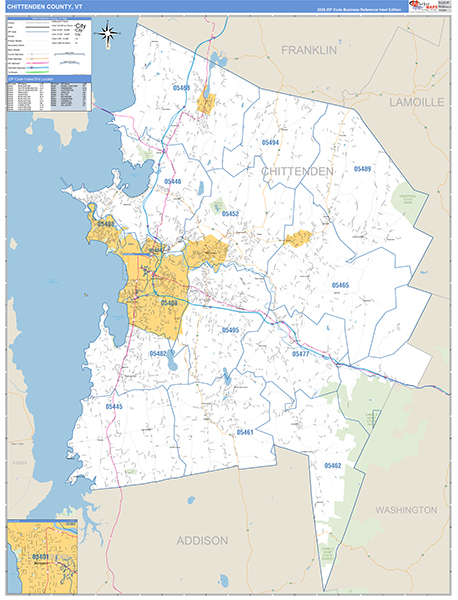 Chittenden County, VT Zip Code Wall Map