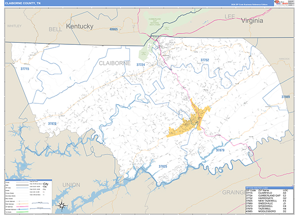 Claiborne County, TN Zip Code Map