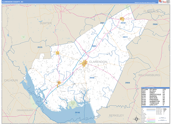Clarendon County, SC Zip Code Wall Map