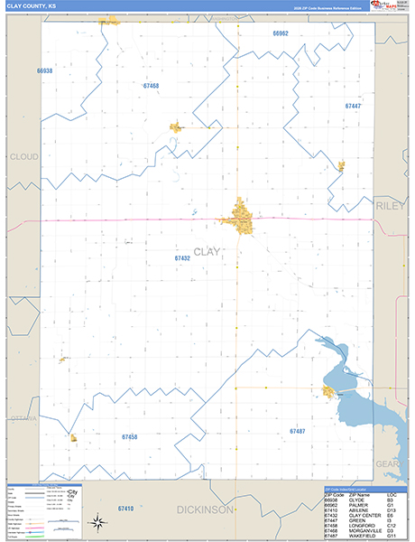 Clay County, KS Zip Code Wall Map