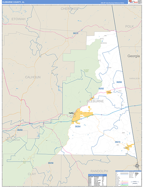 Cleburne County, AL Wall Map Basic Style