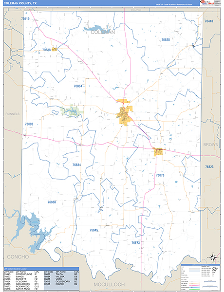 Coleman County, TX Wall Map Basic Style