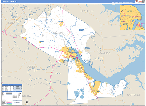 Craven County Wall Map Basic Style