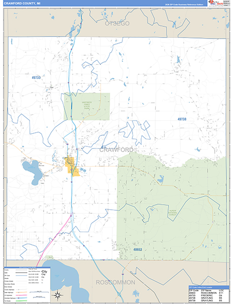 Crawford County, MI Carrier Route Wall Map
