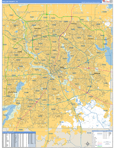 Dallas County, TX Zip Code Wall Map