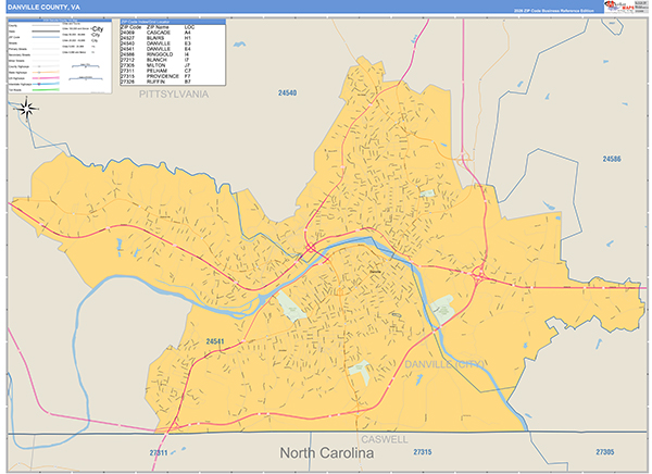 Danville County, VA Wall Map Basic Style