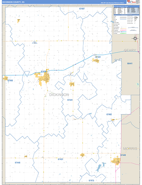 Dickinson County, KS Zip Code Wall Map