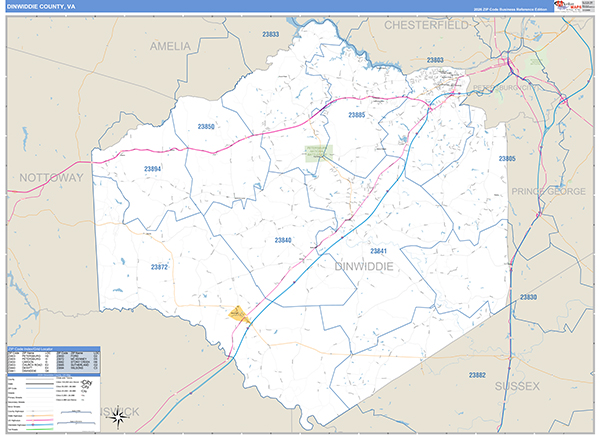 Dinwiddie County, VA Zip Code Map