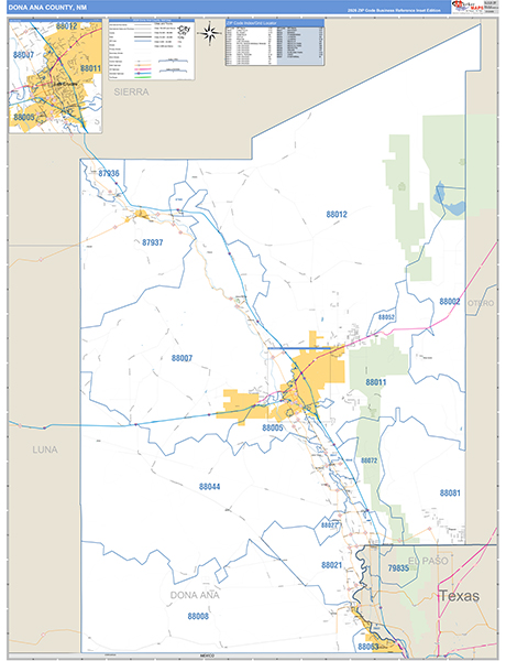 Dona Ana County, NM Zip Code Wall Map Basic Style by MarketMAPS - MapSales