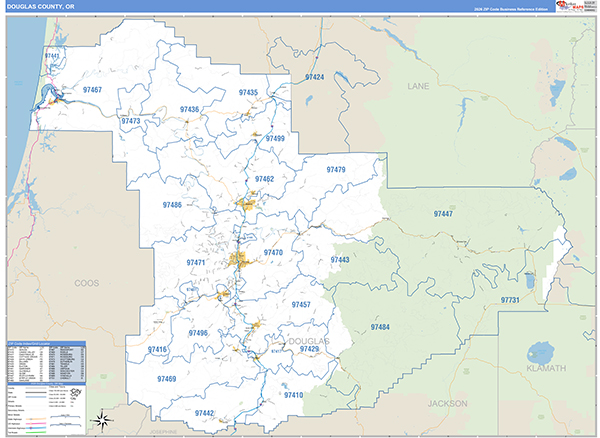 Douglas County, OR Zip Code Wall Map
