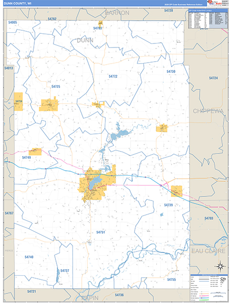 Dunn County, WI Zip Code Wall Map
