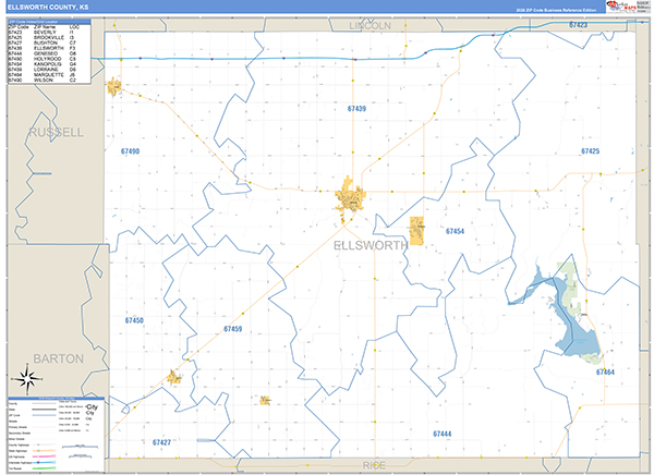 Ellsworth County, KS Zip Code Map