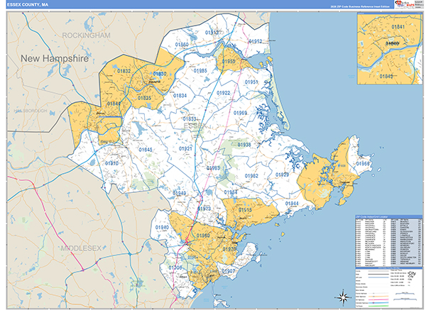 Essex County, MA Zip Code Wall Map