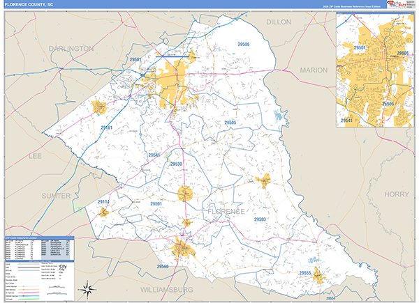 Florence County, SC Zip Code Wall Map
