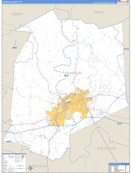 Franklin County, KY Zip Code Wall Map