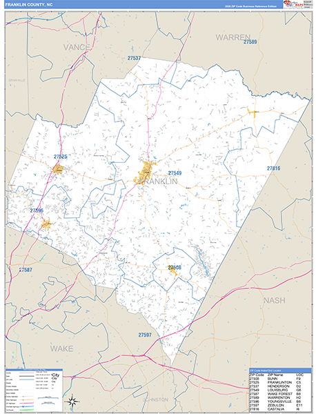 Franklin County, NC Zip Code Wall Map