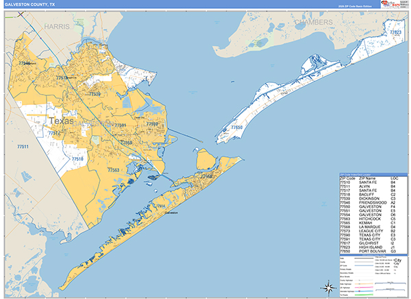 Galveston County, TX Zip Code Wall Map