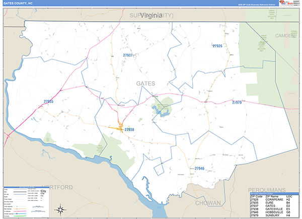 Gates County, NC Zip Code Wall Map