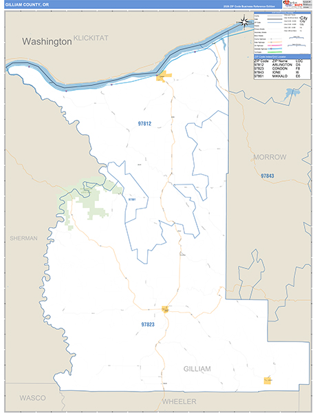 Gilliam County, OR Zip Code Wall Map