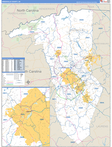 Greenville County, SC Zip Code Wall Map