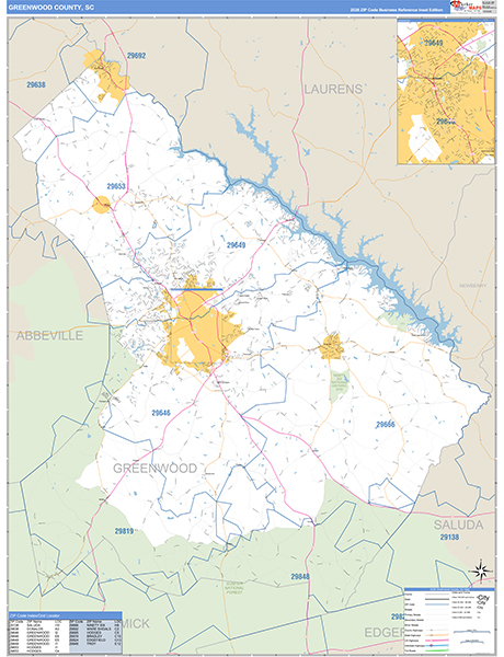 Greenwood County, SC Zip Code Wall Map