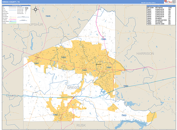 Gregg County, TX Zip Code Map