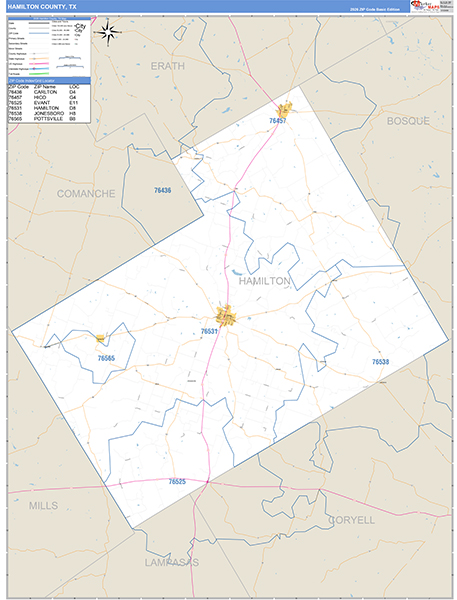 Hamilton County, TX Zip Code Map