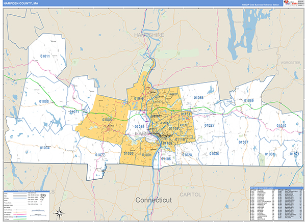 Hampden County, MA Wall Map Basic Style