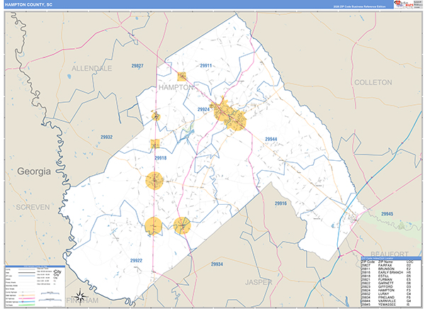 Hampton County, SC Zip Code Wall Map
