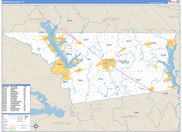 Henderson County, TX Zip Code Wall Map