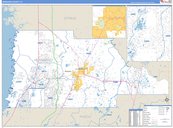 Hernando County, FL Zip Code Wall Map