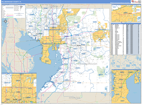 Hillsborough County, FL Zip Code Wall Map