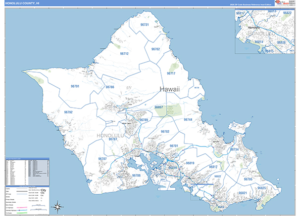 Honolulu County, HI Zip Code Wall Map