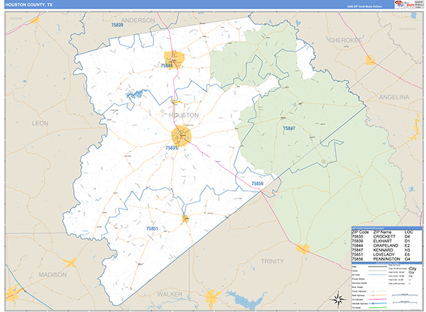 Houston County, TX Zip Code Map