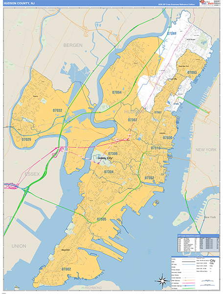 Hudson County, NJ Zip Code Map