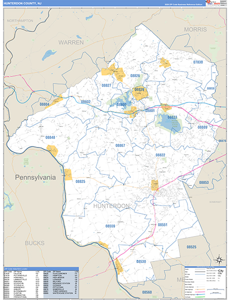 Hunterdon County, NJ Zip Code Map