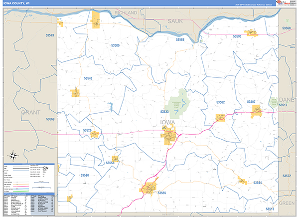 Iowa County, WI Zip Code Wall Map