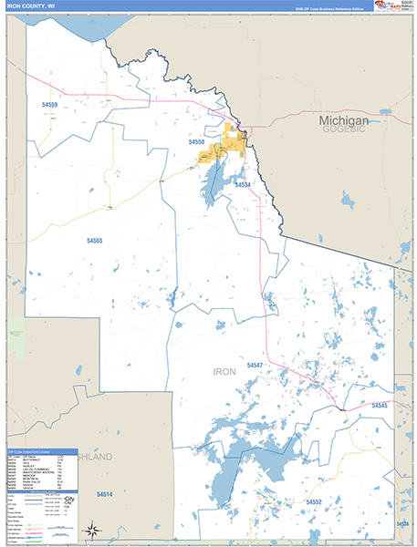 Iron County, WI Zip Code Wall Map