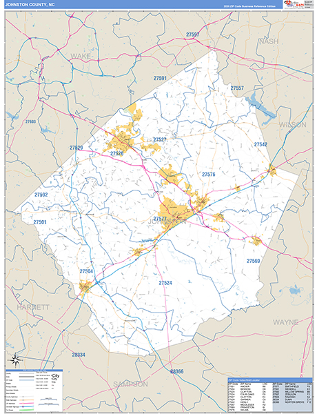 Johnston County, NC Zip Code Wall Map
