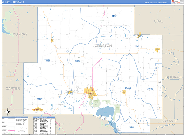 Johnston County, OK Zip Code Wall Map