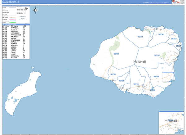 Kauai County, HI Zip Code Wall Map