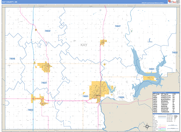 Kay County, OK Zip Code Wall Map