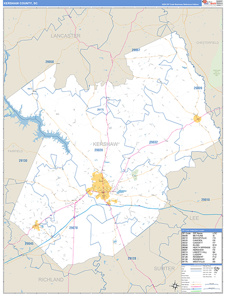Kershaw County, SC Zip Code Wall Map