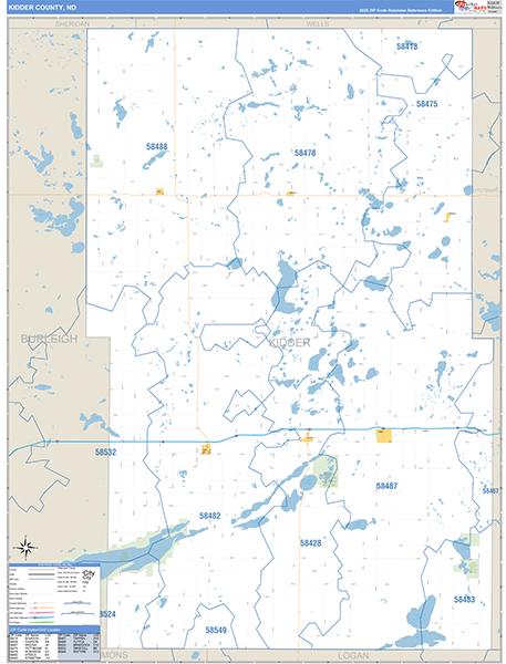 Kidder County, ND Wall Map Basic Style