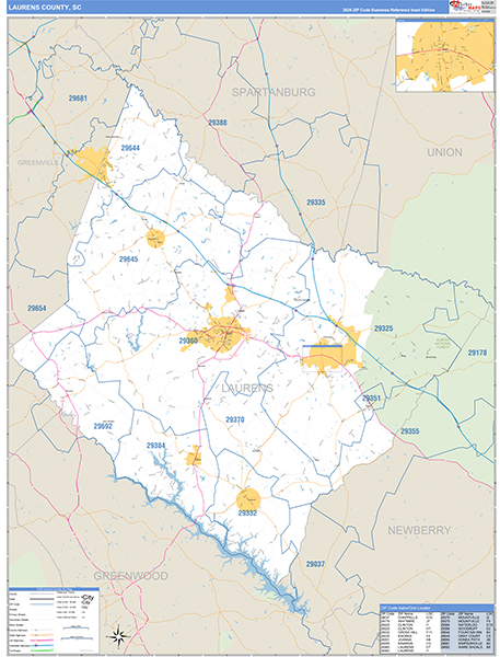 Laurens County, SC Zip Code Wall Map