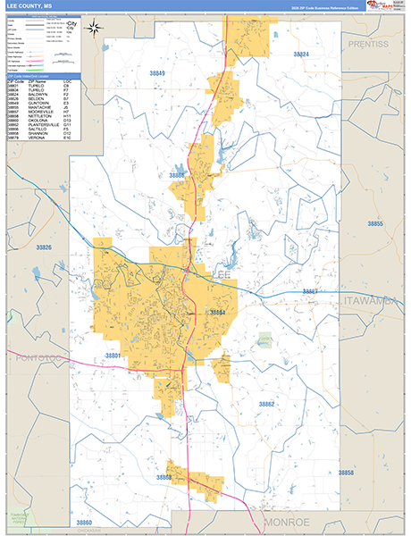 Lee County, MS Zip Code Map